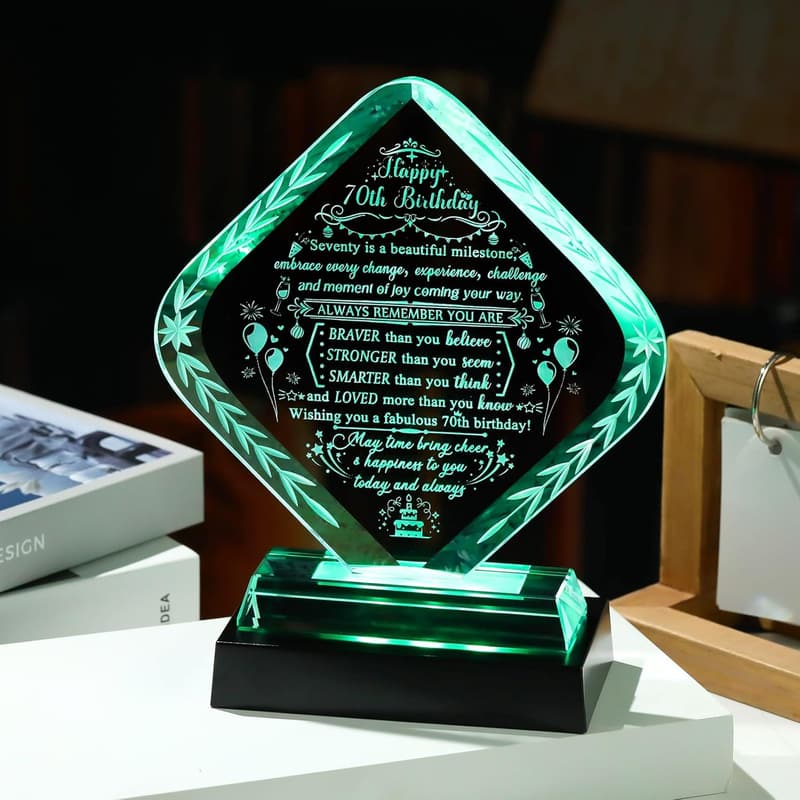 70th Birthday Crystal Keepsake with LED Light Base