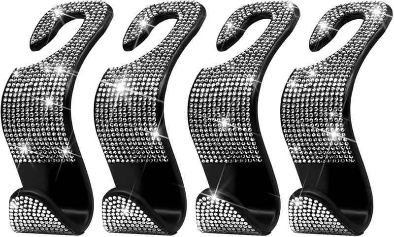 Car Headrest Purse Hooks (4-Pack) - Bling Silver Hangers for Women