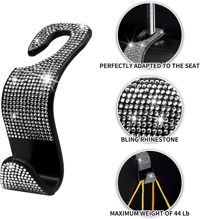 Car Headrest Purse Hooks (4-Pack) - Bling Silver Hangers for Women
