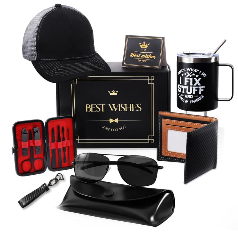 Men's Birthday Gift Basket with Mugs, Sunglasses, and Cap