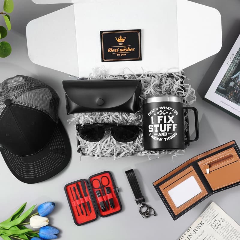 Men's Birthday Gift Basket with Mugs, Sunglasses, and Cap