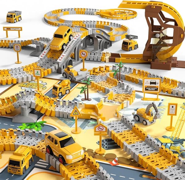 Construction Race Track Playset with Engineering Cars for Kids