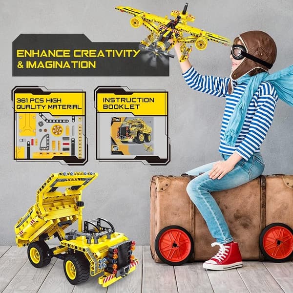 2-in-1 Truck and Airplane Building Toy for Kids, 361 Pcs