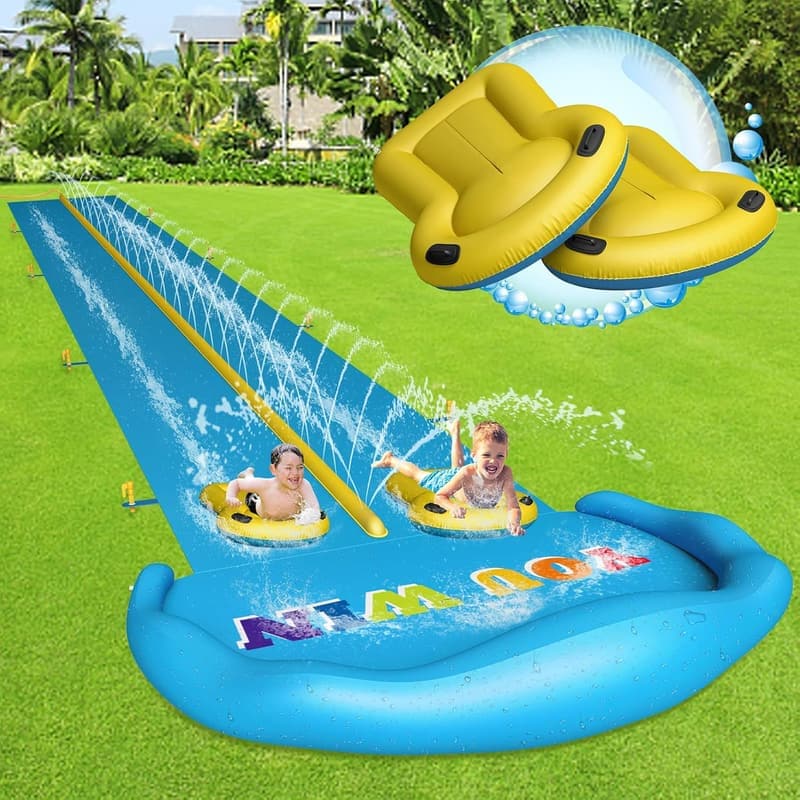32.8ft Inflatable Water Slide with 2 Racing Lanes & Body Boards