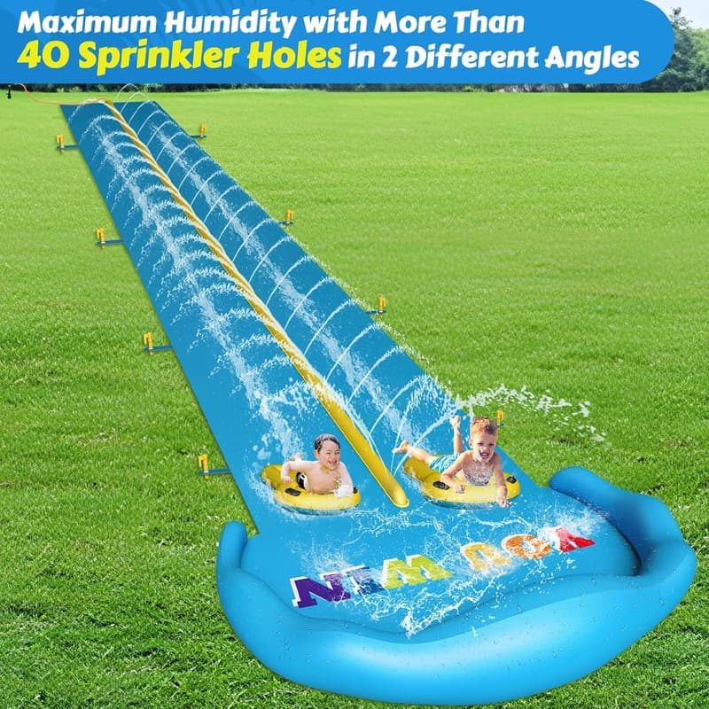 32.8ft Inflatable Water Slide with 2 Racing Lanes & Body Boards