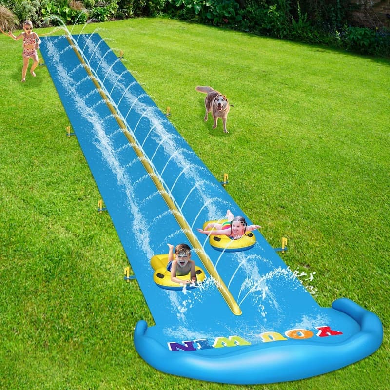 32.8ft Inflatable Water Slide with 2 Racing Lanes & Body Boards