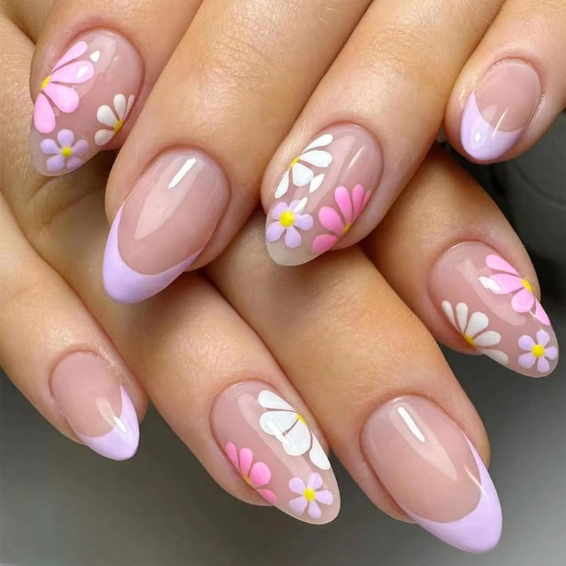 Floral Press-On Nails Set - Colorful Acrylic French Tips