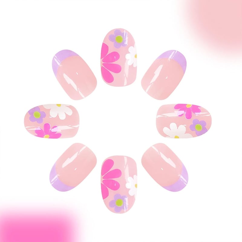 Floral Press-On Nails Set - Colorful Acrylic French Tips