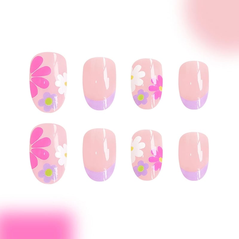 Floral Press-On Nails Set - Colorful Acrylic French Tips