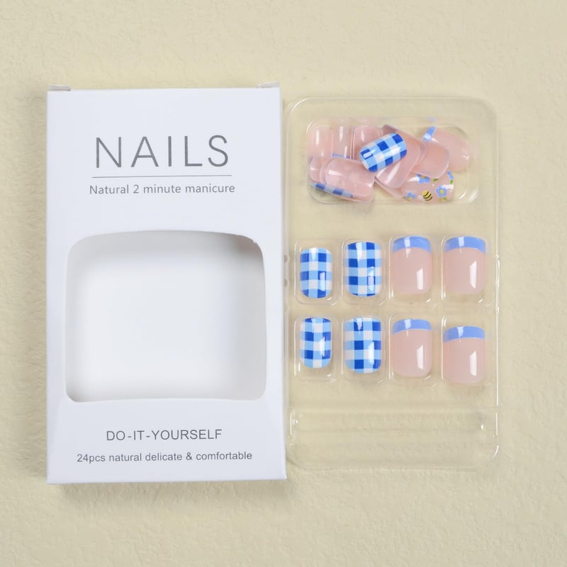 Summer Bee & Flower Press On Nails - Blue Checkered Acrylic