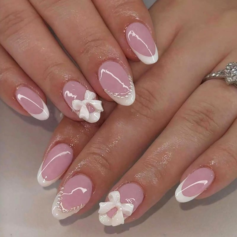 Reusable French Tip Press-On Nails with Pearl Design - 24 Pcs