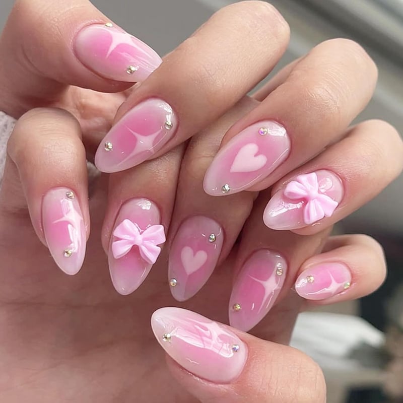Blush Pink Gradient Almond Press-On Nails with Rhinestones