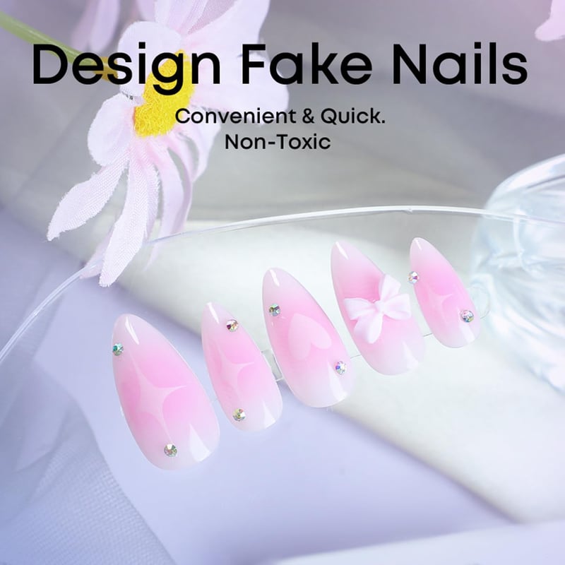 Blush Pink Gradient Almond Press-On Nails with Rhinestones