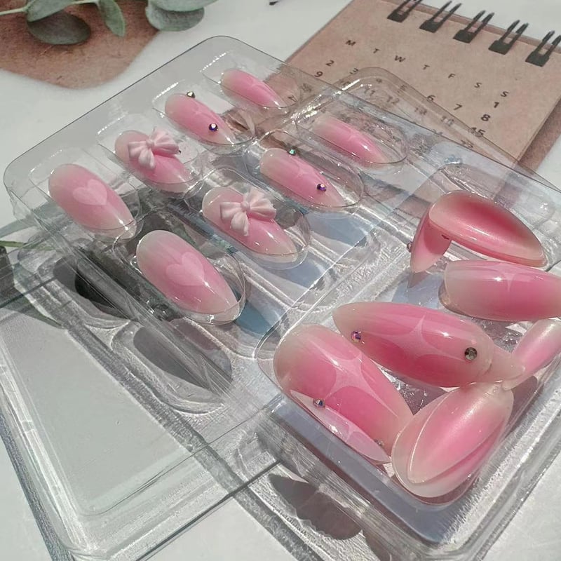 Blush Pink Gradient Almond Press-On Nails with Rhinestones