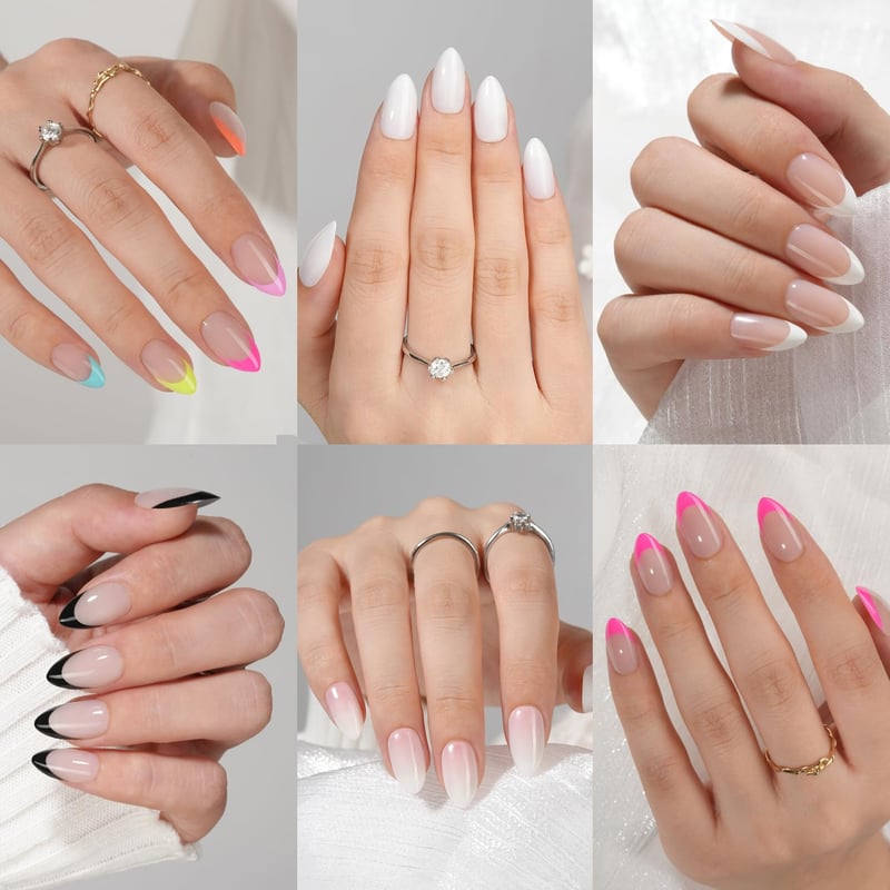 Reusable French Tip Press-On Nails Kit for Women - 6 Packs, 15 Sizes