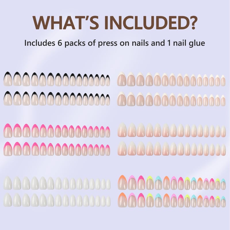 Reusable French Tip Press-On Nails Kit for Women - 6 Packs, 15 Sizes