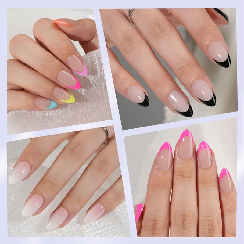 Reusable French Tip Press-On Nails Kit for Women - 6 Packs, 15 Sizes