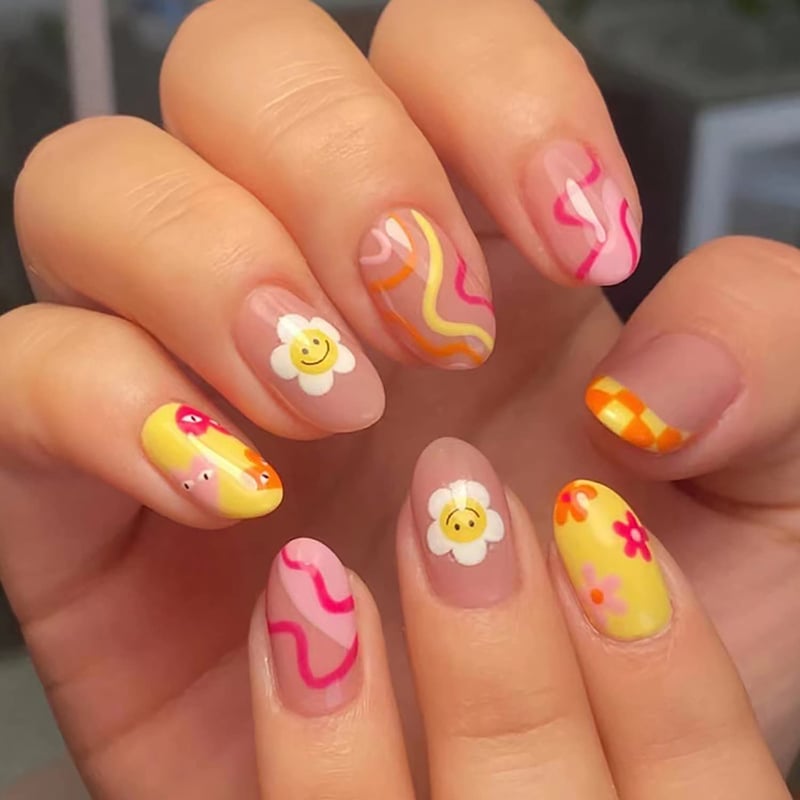 Cute Acrylic Almond French Tip Nails with Flower Press, 24 Pcs