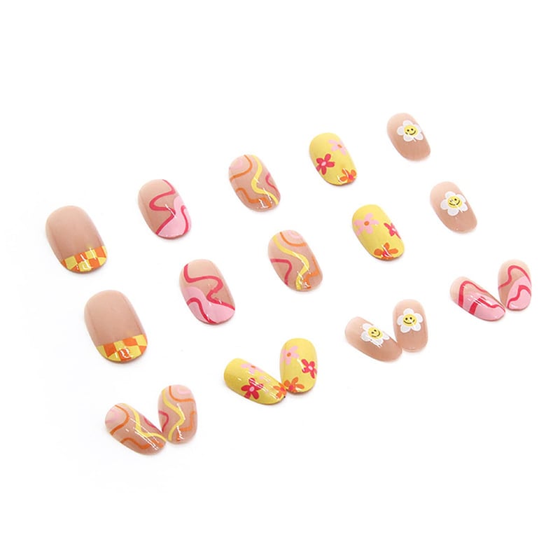 Cute Acrylic Almond French Tip Nails with Flower Press, 24 Pcs