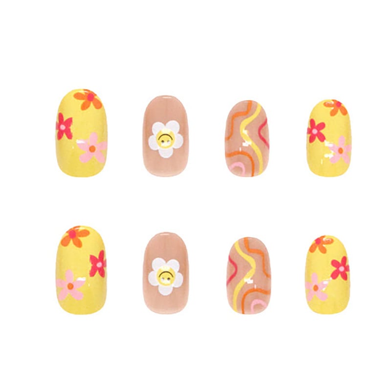 Cute Acrylic Almond French Tip Nails with Flower Press, 24 Pcs