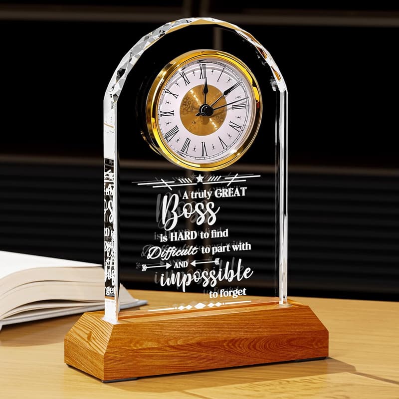 Boss Appreciation Crystal Clock with Wooden LED Base for Office Decor
