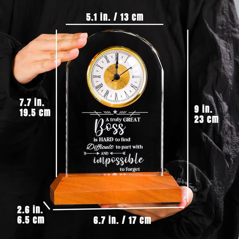 Boss Appreciation Crystal Clock with Wooden LED Base for Office Decor