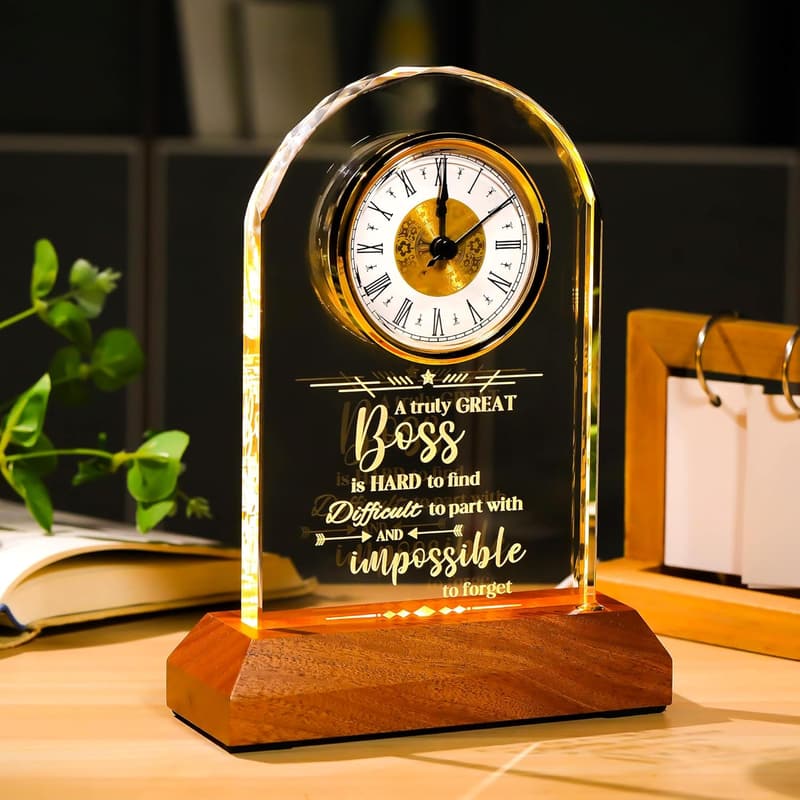 Boss Appreciation Crystal Clock with Wooden LED Base for Office Decor