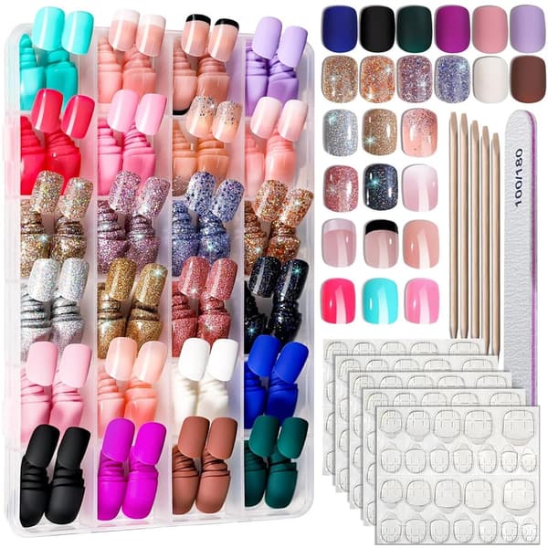 24 Colors Press-On Nails Set - Short Square & Round, Matte & Glossy