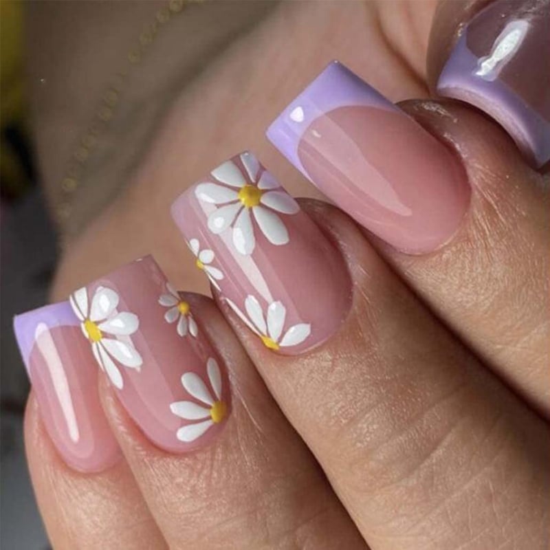 Purple Floral Design Medium Press-On Square Nails - 24 pcs