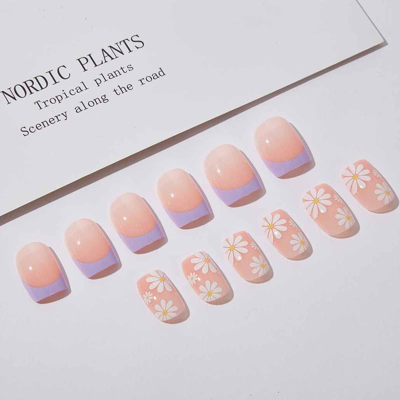 Purple Floral Design Medium Press-On Square Nails - 24 pcs