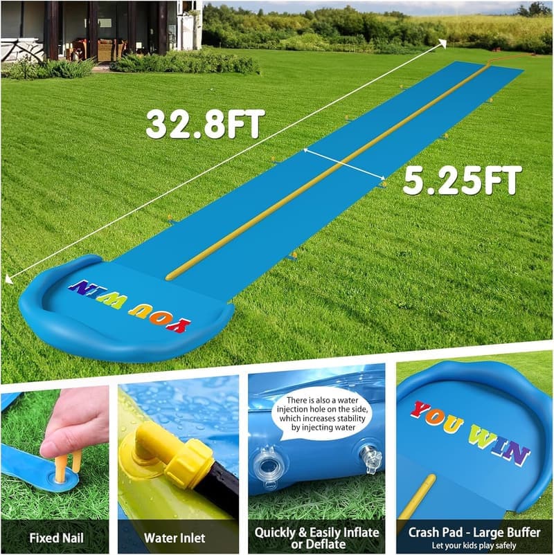 32.8 FT Heavy Duty Double Lane Water Slide for Kids & Adults