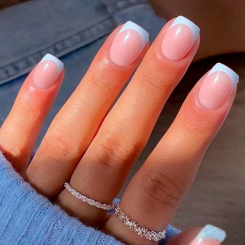 Medium Press-On Acrylic Nails for Women - French Blue Full Cover