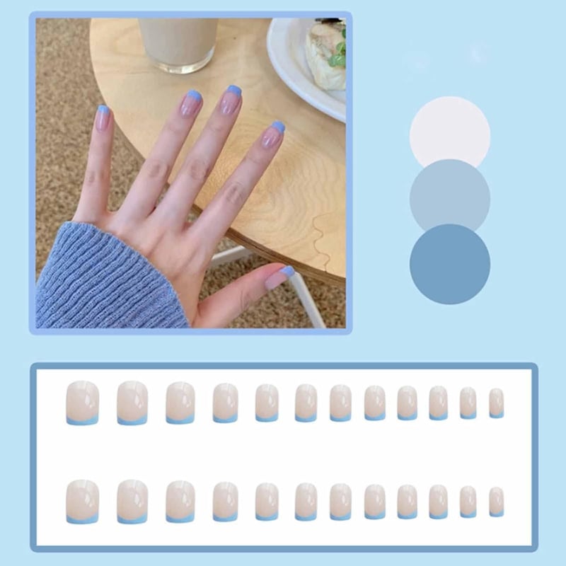 Medium Press-On Acrylic Nails for Women - French Blue Full Cover