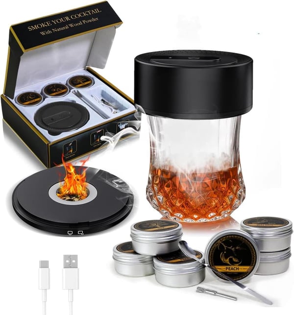 Rechargeable Whiskey Smoker Kit with 6 Wood Chips - Gifts for Men