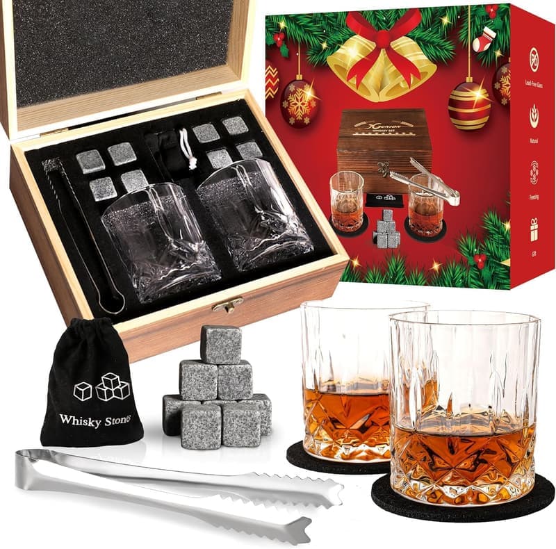Father's Day Whiskey Stones Gift Set with Glasses & Tongs