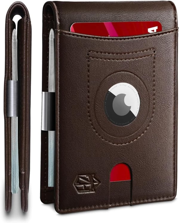 Slim RFID Leather Wallet with AirTag Holder for Men - Gift Boxed