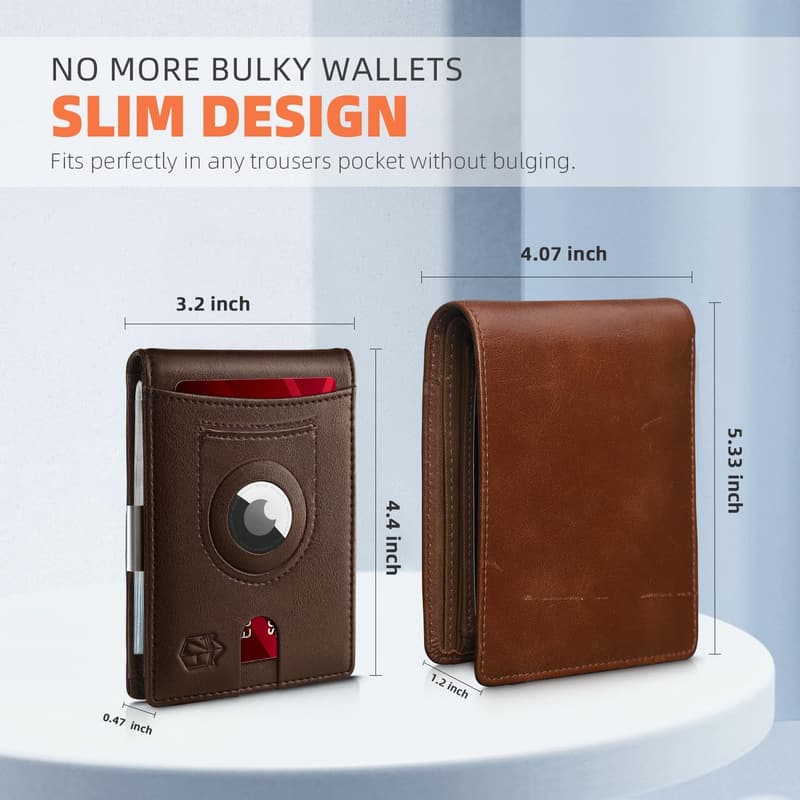 Slim RFID Leather Wallet with AirTag Holder for Men - Gift Boxed