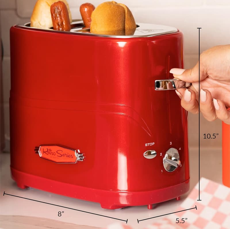 Retro 2-Slot Hot Dog and Bun Toaster with Mini Tongs