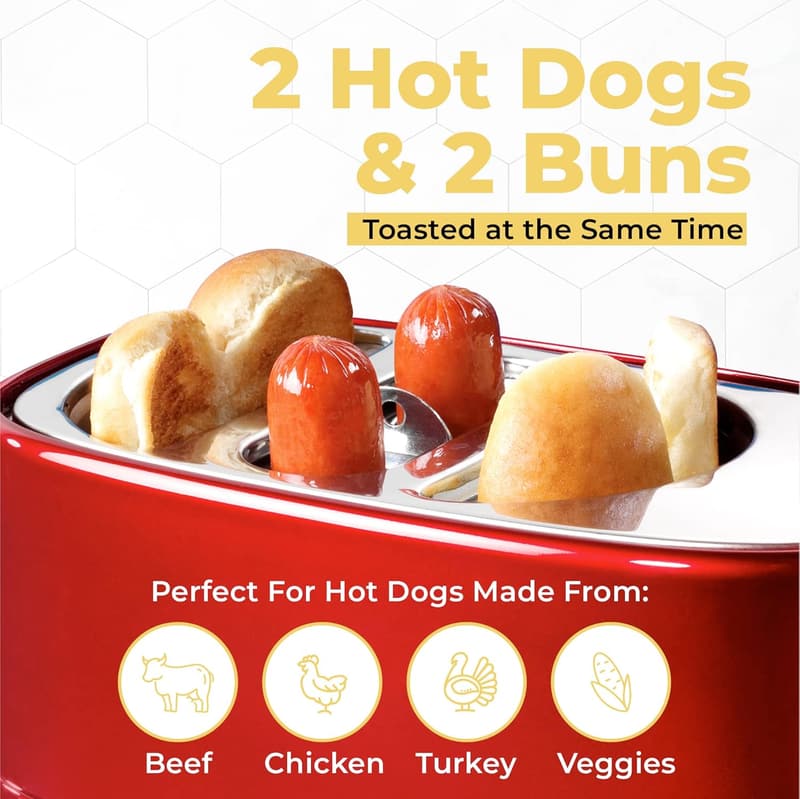 Retro 2-Slot Hot Dog and Bun Toaster with Mini Tongs