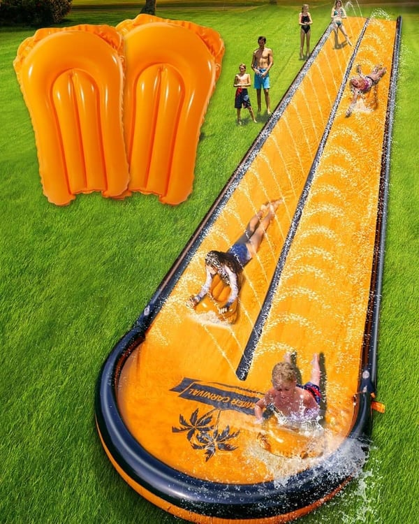 Extra Long Backyard Water Slide with Pool & 2 Inflatable Bodyboards