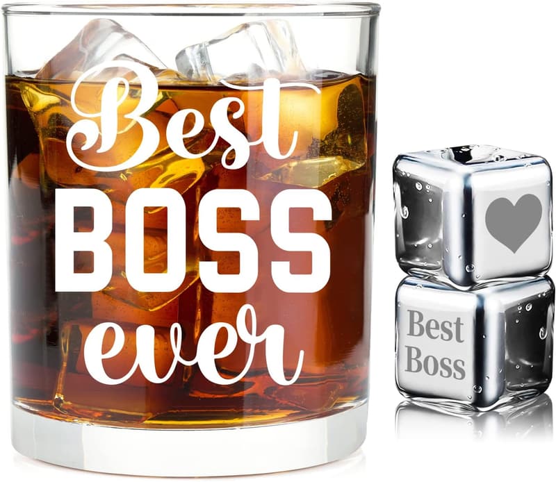 Boss Day Whiskey Glass Set with Engraved Ice Cubes - 11oz