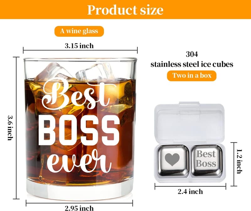 Boss Day Whiskey Glass Set with Engraved Ice Cubes - 11oz