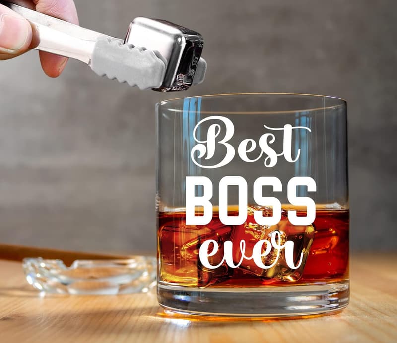 Boss Day Whiskey Glass Set with Engraved Ice Cubes - 11oz