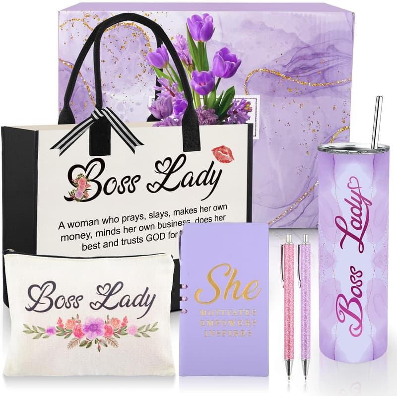 Boss Day Gift Set for Women: 20 oz Mug, Tote Bag, Makeup Bag, Notebook & Pen