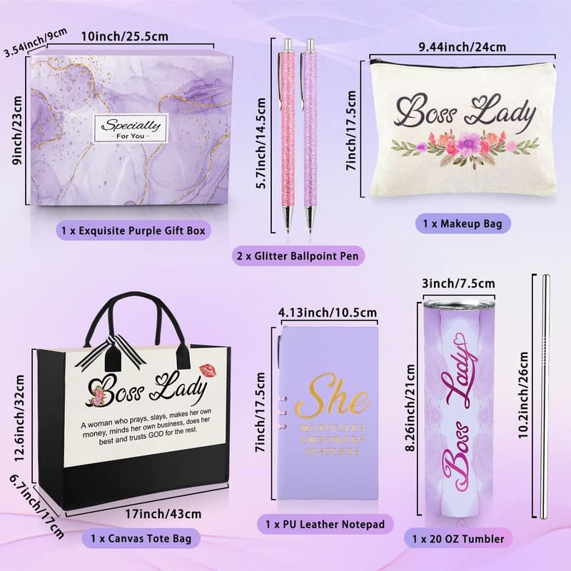 Boss Day Gift Set for Women: 20 oz Mug, Tote Bag, Makeup Bag, Notebook & Pen
