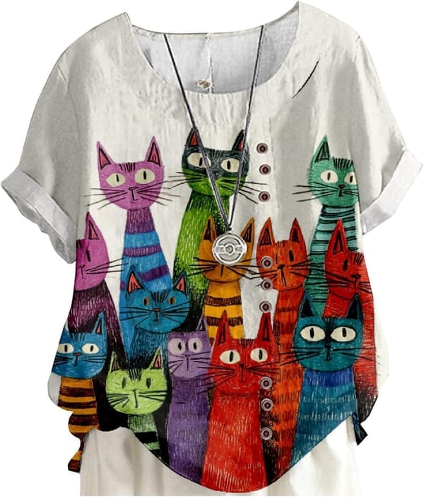 Cute Cat Print Casual Blouse for Women with Decorative Buttons