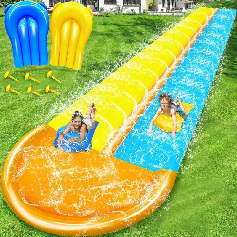 30 Ft Double Lane Water Slide with Sprinkler and 2 Bodyboards