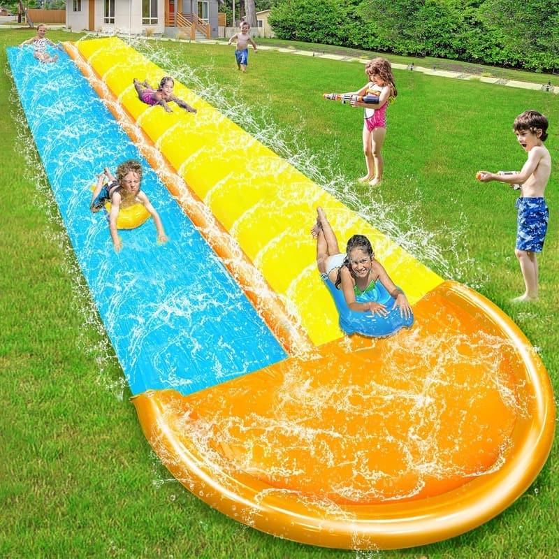 30 Ft Double Lane Water Slide with Sprinkler and 2 Bodyboards