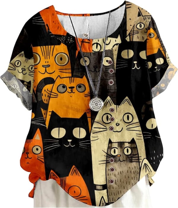 Funny Cat Print Short Sleeve Blouse for Women