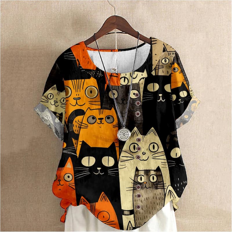 Funny Cat Print Short Sleeve Blouse for Women